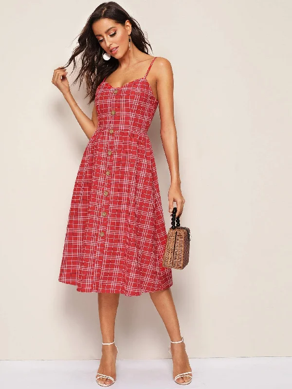 Plaid Button Front Slip Flare Dress