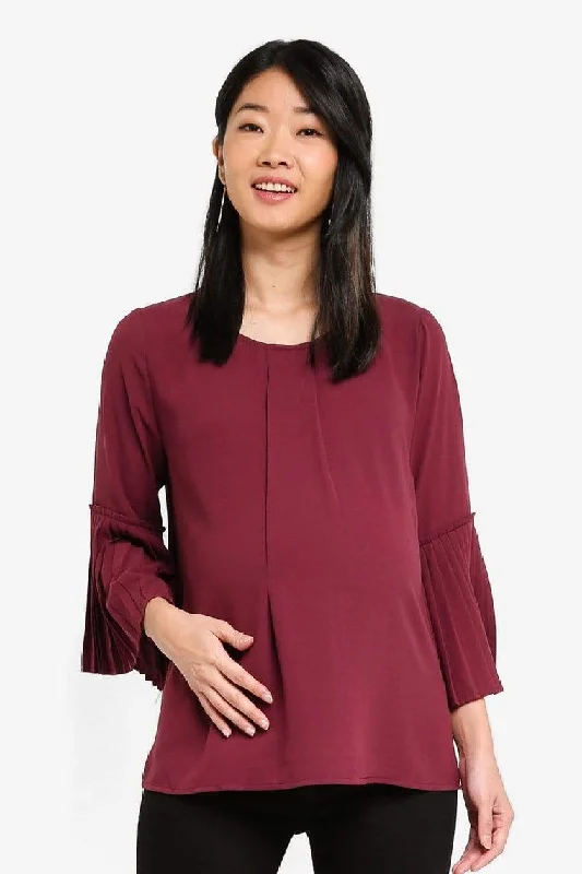 Pleated Long Sleeves Breena Nursing Top Maroon