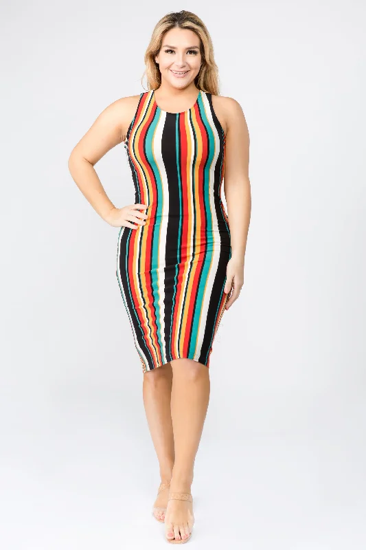 Plus Size Barcelona Multicolored Striped Bodycon Dress