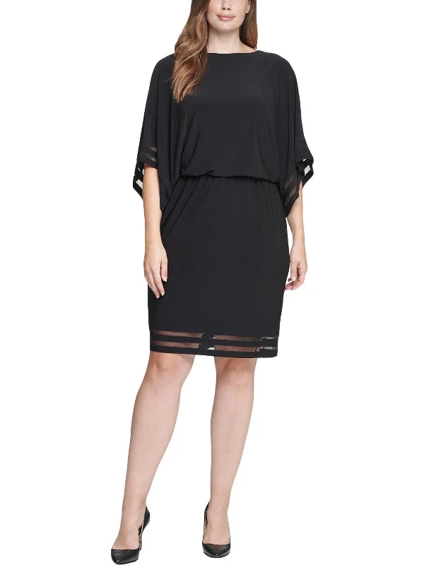 Plus Womens Illusion Trim Blouson Cocktail and Party Dress