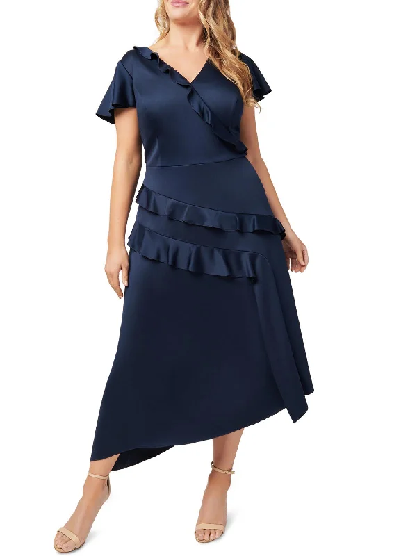 Plus Womens Satin Ruffled Cocktail and Party Dress