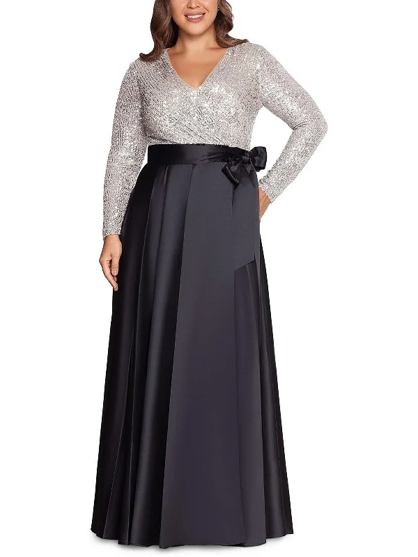 Plus Womens Sequined Faux Wrap Evening Dress