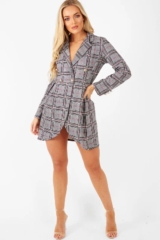 Red Black Check Wrap Blazer Dress - Emry