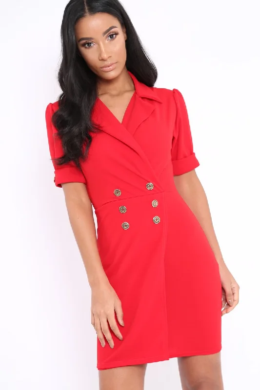 Red Button Detail Plunge Wrap Blazer Dress - Aizah