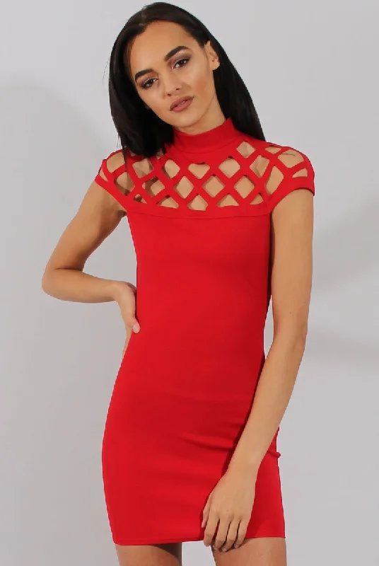 Red Cage High Neck Bodycon Dress- Kade