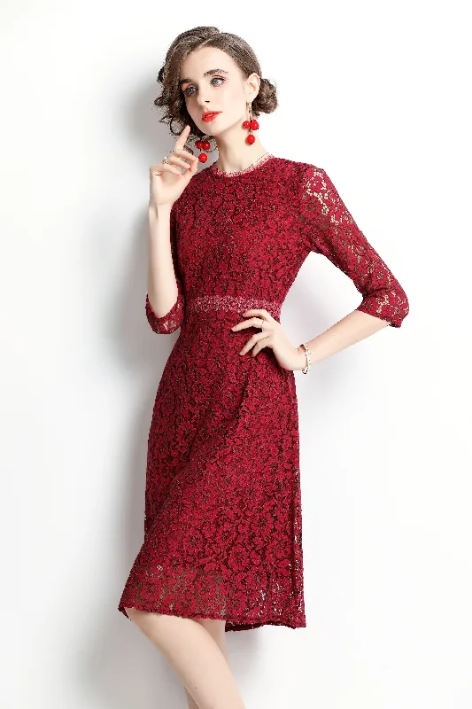 Red Cocktail & Party A-line Crewneck Elbow Sleeve Knee Lace Dress