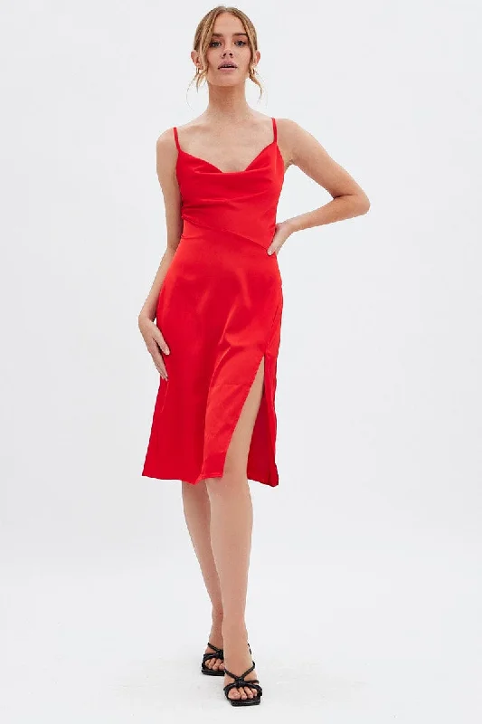 Red Cowl Neck Slip Midi Dress