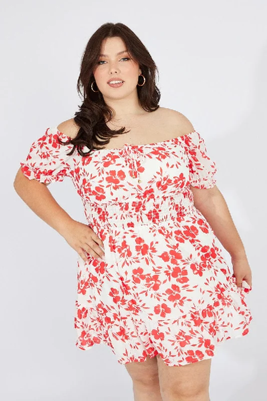 Red Floral Fit And Flare Dress Short Sleeve Ruched Bust