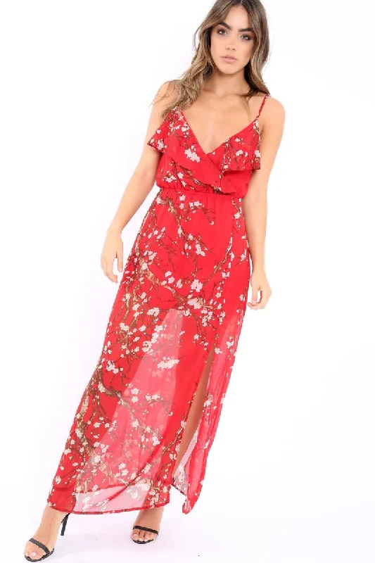 Red Floral Maxi Dress with Frill - Zaila