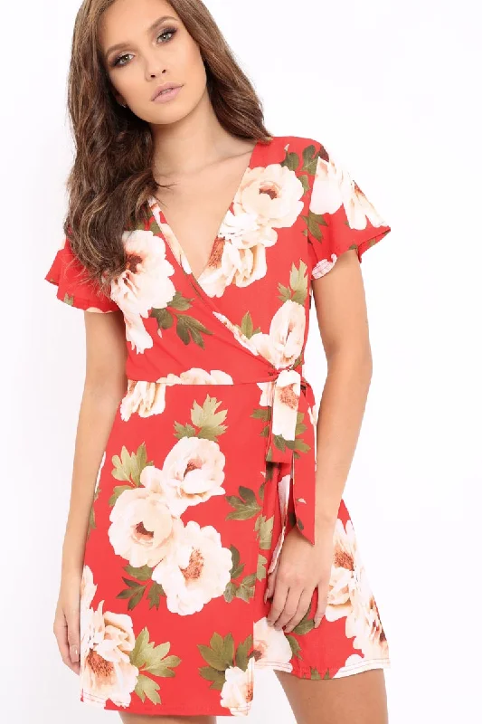 Red Floral Print Wrap Dress - Norie