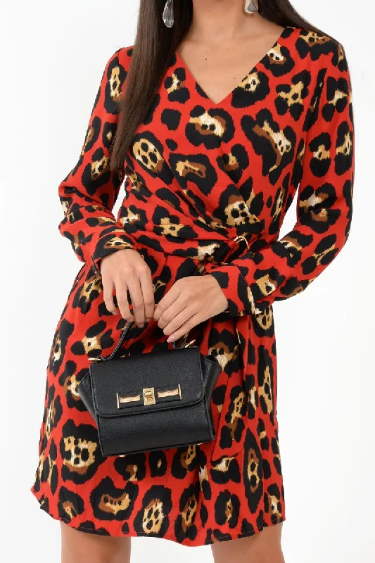 Red Leopard Wrap Belted Dress - Keniah