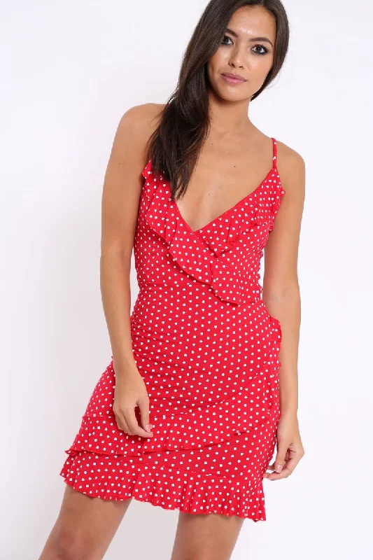 Red Polka Dot Wrap Dress with Frills - Beth