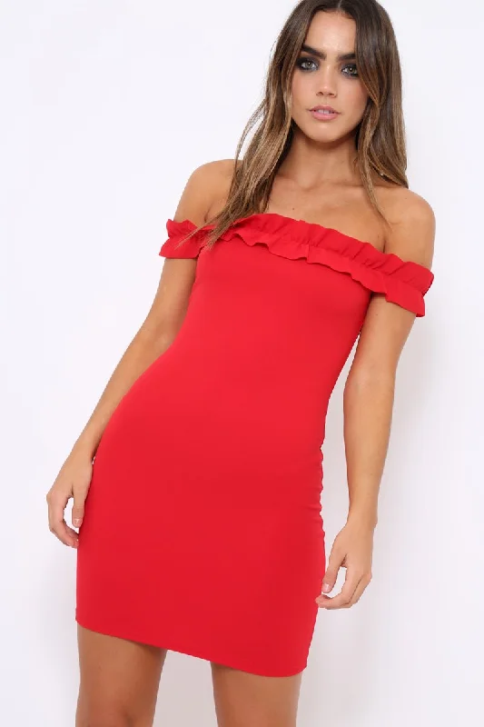 Red Ruffle Bardot Bodycon Dress - Mollie