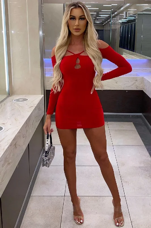 Red Cut Out Shoulders Slinky Mini Dress - Selena