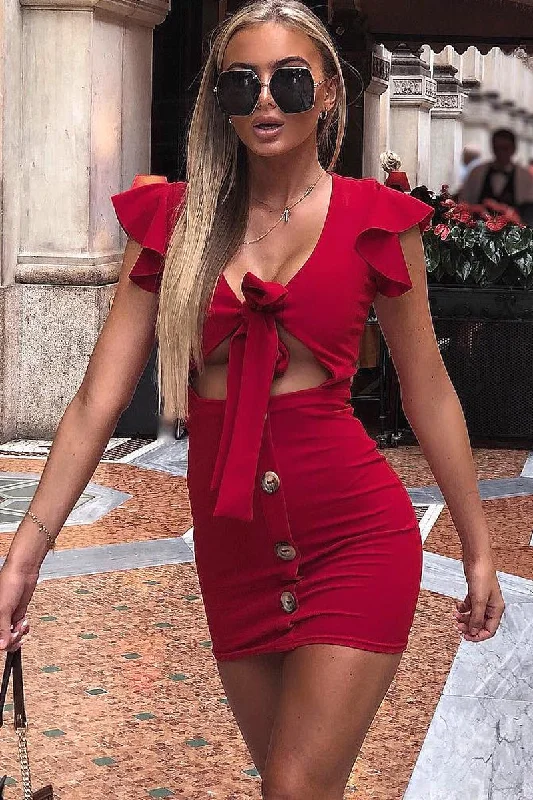 Red Tie Button Front Bodycon Dress - Aaira