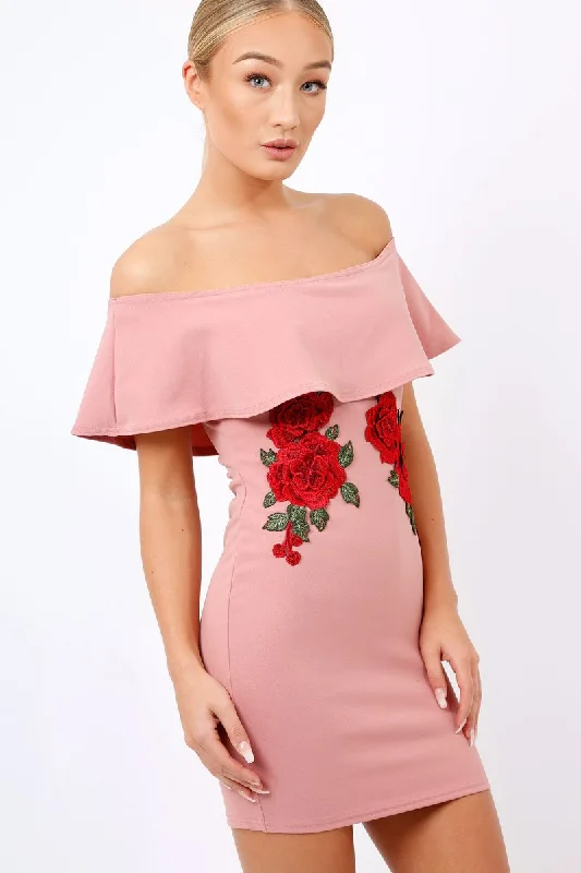 Rose Bardot Frill Bodycon Applique Dress - Leticia