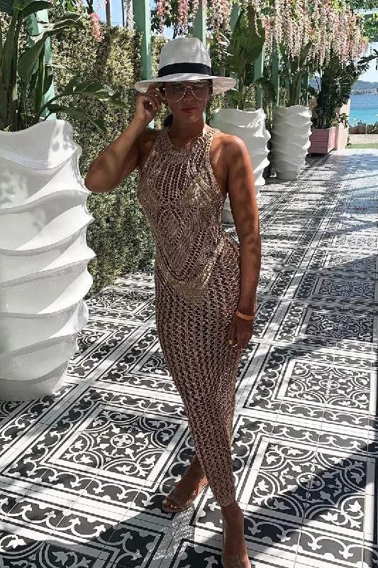 Rose Gold Metallic Mesh Maxi Dress - Helma