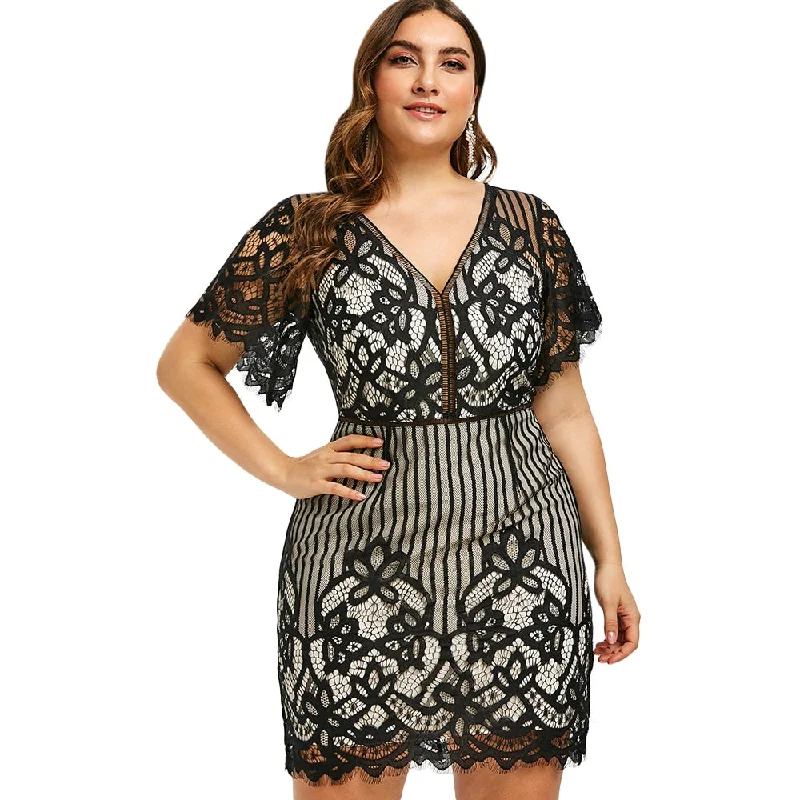 Plus Size Lace Plunge Mini Fitted Dress Summer Short Sleeves V-Neck High Waist Stripe Women Party Dress Bodycon Vestidos