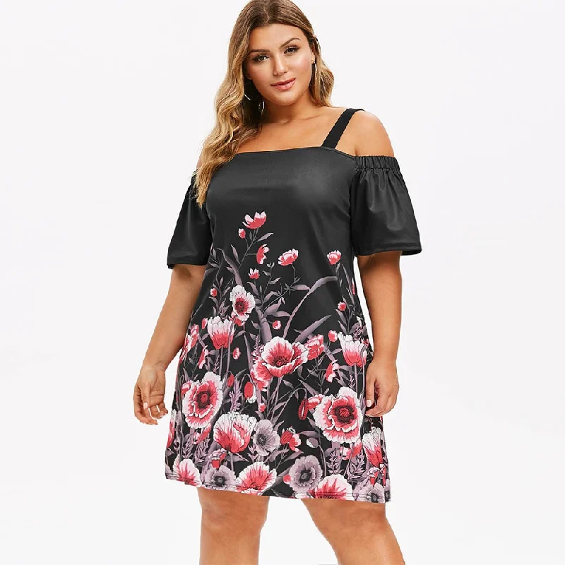 Plus Size Open Shoulder Floral Dress Square Collar Half Sleeves A-Line Dress Women Summer Sexy Holiday Bodycon Dress