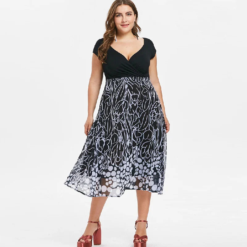 Plus Size Women Dress Plus Size A Line Printed Surplice Dress Summer vestidos Bodycon Casual V-Neck maxi dress 2019