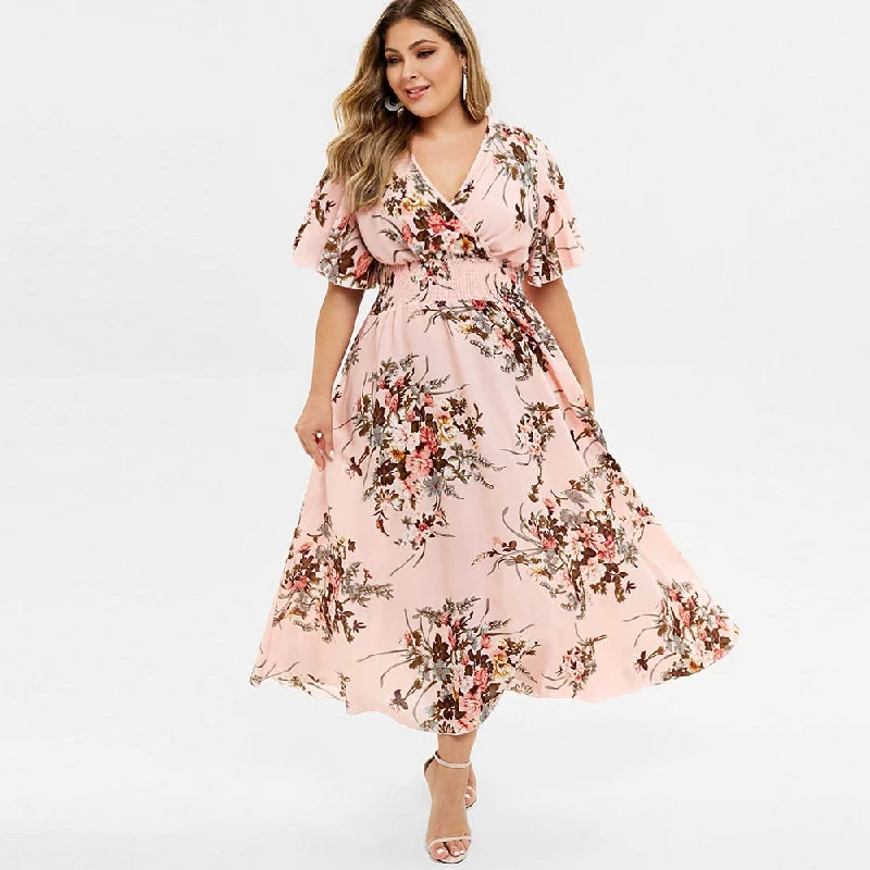 Plus Size Women Floral Print Bohemian Maxi Dress V-Neck Half Sleeves A-Line Dress High Wasit Bohemian Holiday Dress