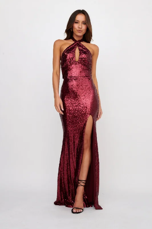 Rosella Halterneck Sequin Maxi Dress Burgundy