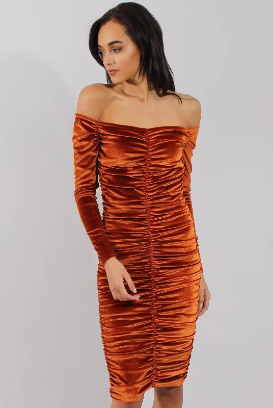 Rust Velvet Ruched Bardot Bodycon Dress - Louise