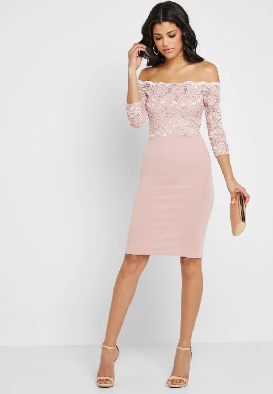 Scallop Bardot Lace Bodycon Dress