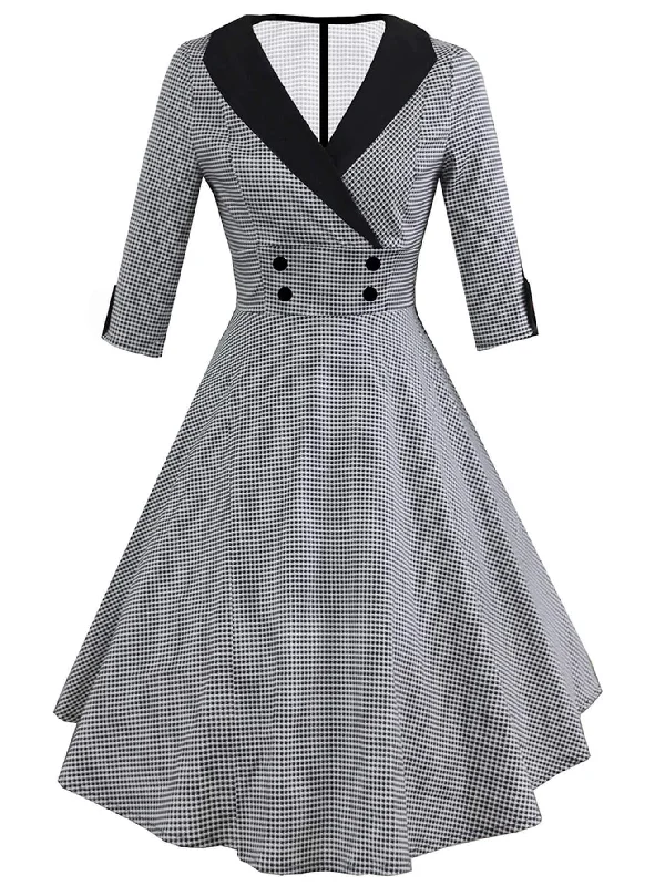 Shawl Collar Double-breasted Houndstooth Flare Dress