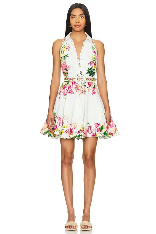 Taha Short Dress with Highlight Embroidery and Buckle Belt