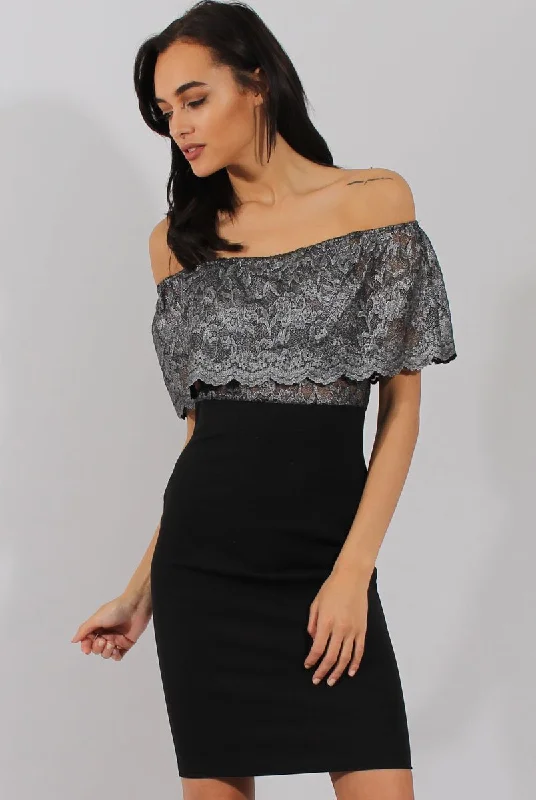 Silver And Black Lace Frill Bardot Bodycon Dress - Cora