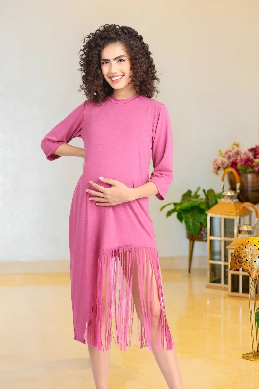 Sizzling Dusty Pink Maternity Fringe Dress