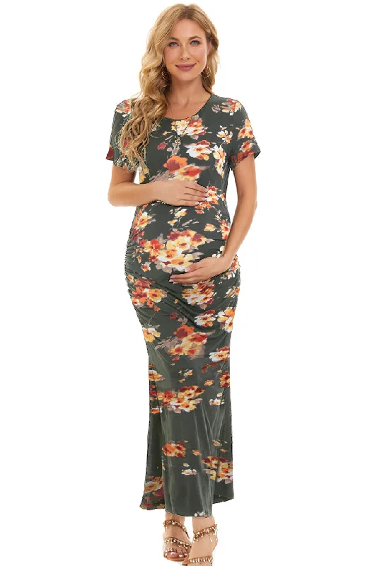 Smallahow Short Sleeve Floral Maternity Maxi Dress