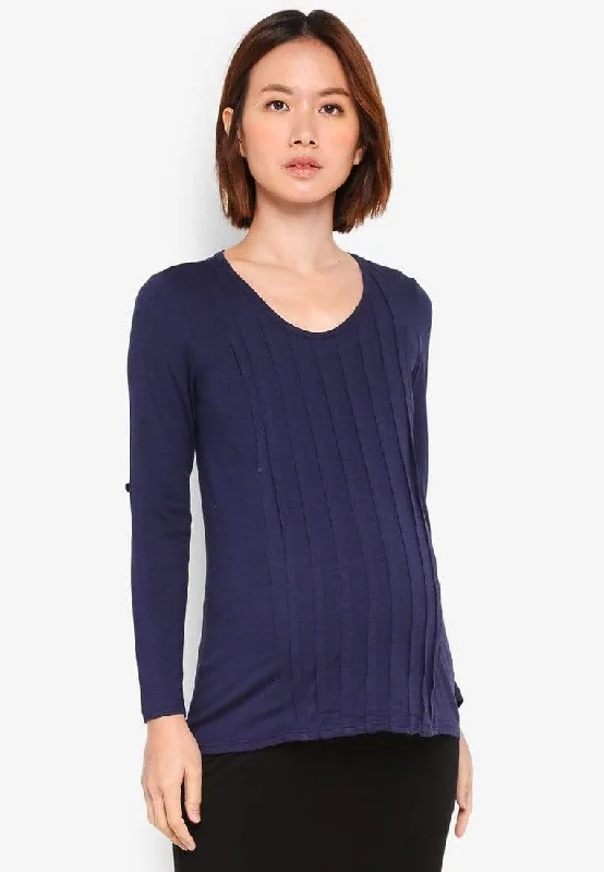 Long Sleeved Bamboo Cotton Venus Pleats Row Nursing Top Navy