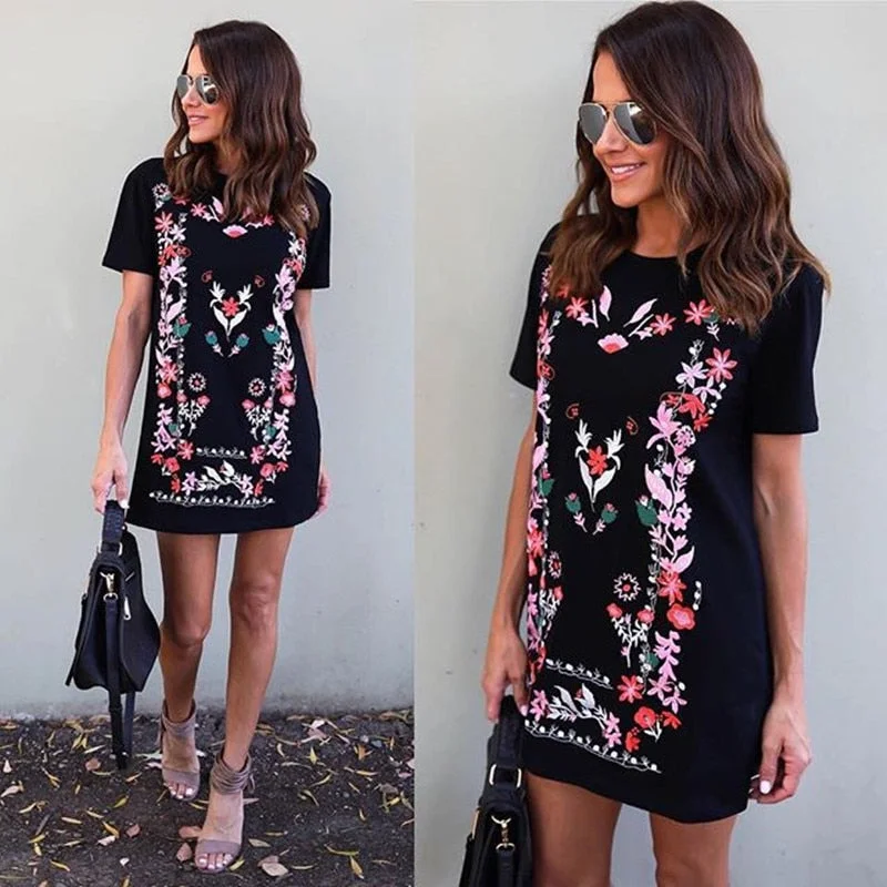 Summer 2018 Fashion Short Dress Black tshirt dress Casual Women Short Sleeve Printed t shirt streetwear loose shift dress