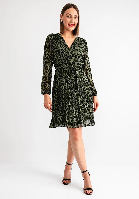 Serafina Collection Leopard Pleated Wrap Dress, Green