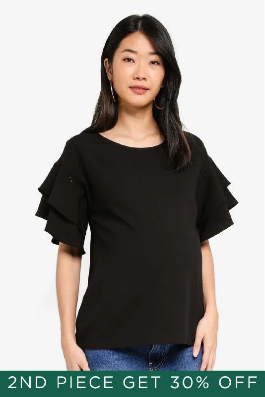 Tier Flounce Sleeves Cicilia Nursing Top Black