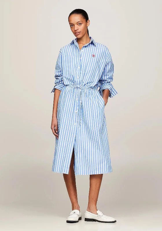 Tommy Hilfiger Womens Monogram Stripe Relaxed Midi Shirt Dress, Blue Spell