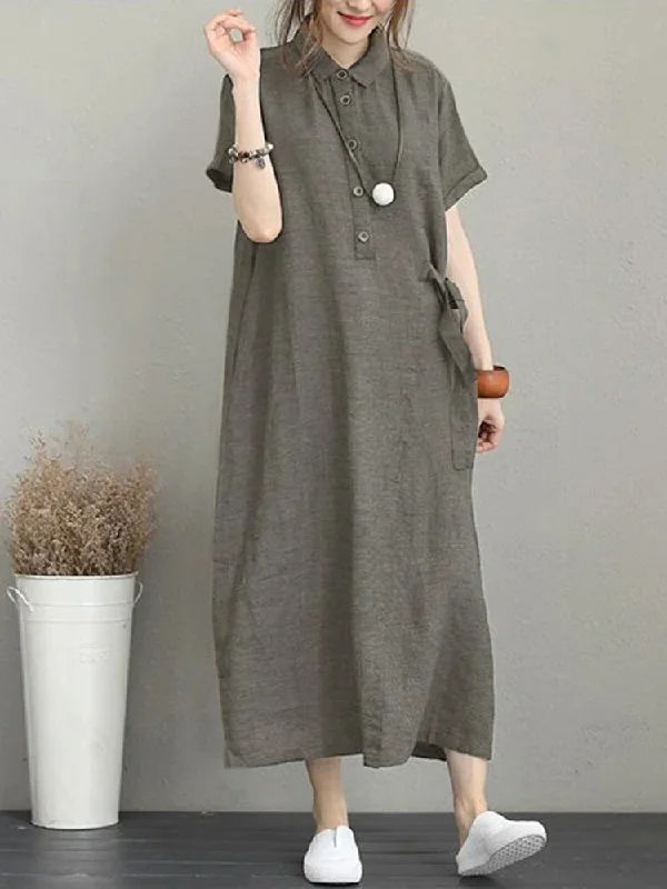 Vintage Turn-down Collar Side Pocket Shirt Dress