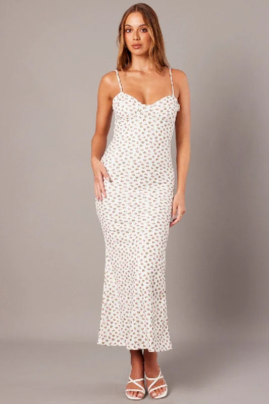 White Ditsy Maxi Dress Sweetheart Neck Bodycon Textured