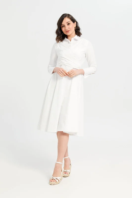 Women White Plain Knee Length Shirt Dress