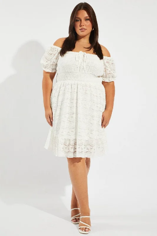 White Fit And Flare Dress Short Sleeve Lace