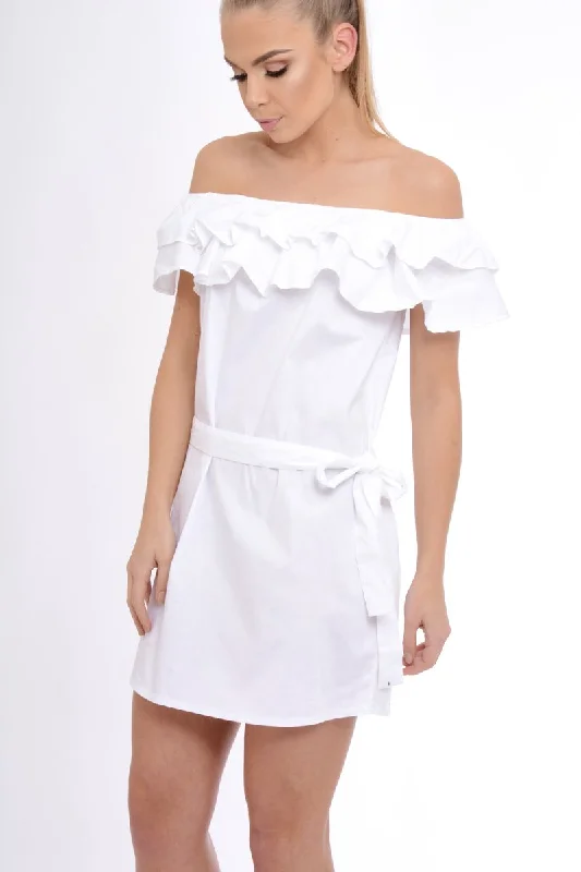 White Frill Bardot Tie Waist Shirt Dress - Ally