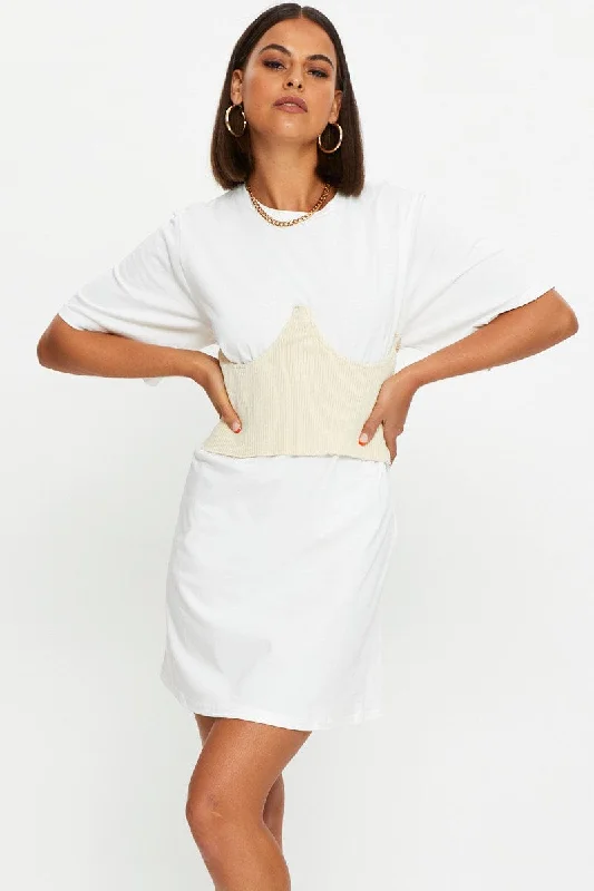 White Knitted Corset Belt And T Shirt Dress