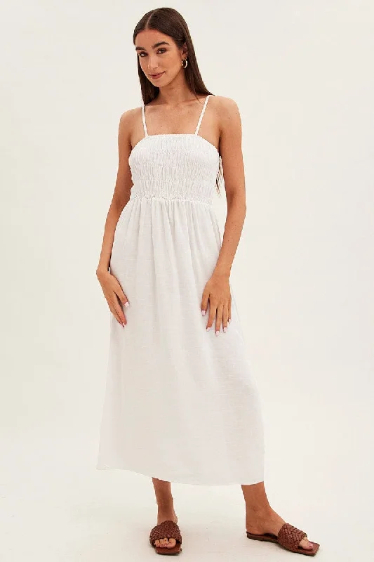 White Maxi Dress With Straps Shirring Linen Blend