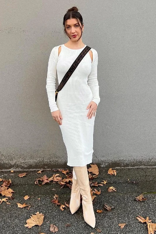 White Midi Dress Long Sleeve Keyhole Bodycon Rib Knit