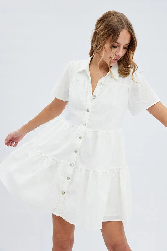 White Shirt Dress Short Sleeve Tiered