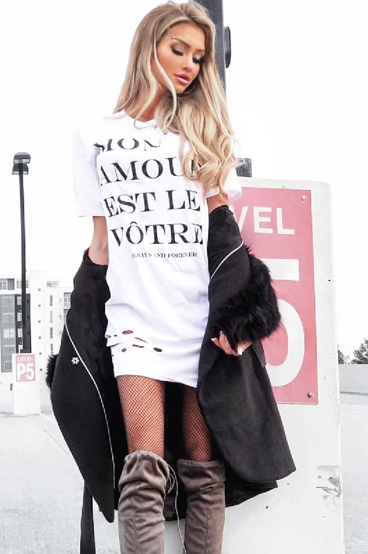 White Slogan Distressed T-Shirt Dress - Ashlen