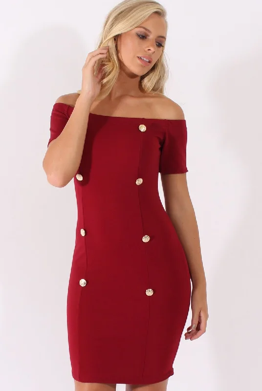 Wine Bardot Bodycon Button Detail Dress - Wallis