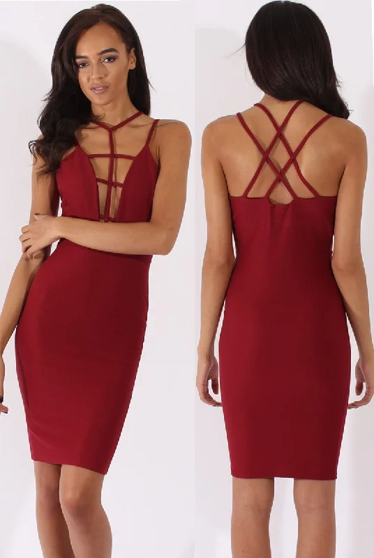 Wine Front Harness Bodycon Dress - Nella